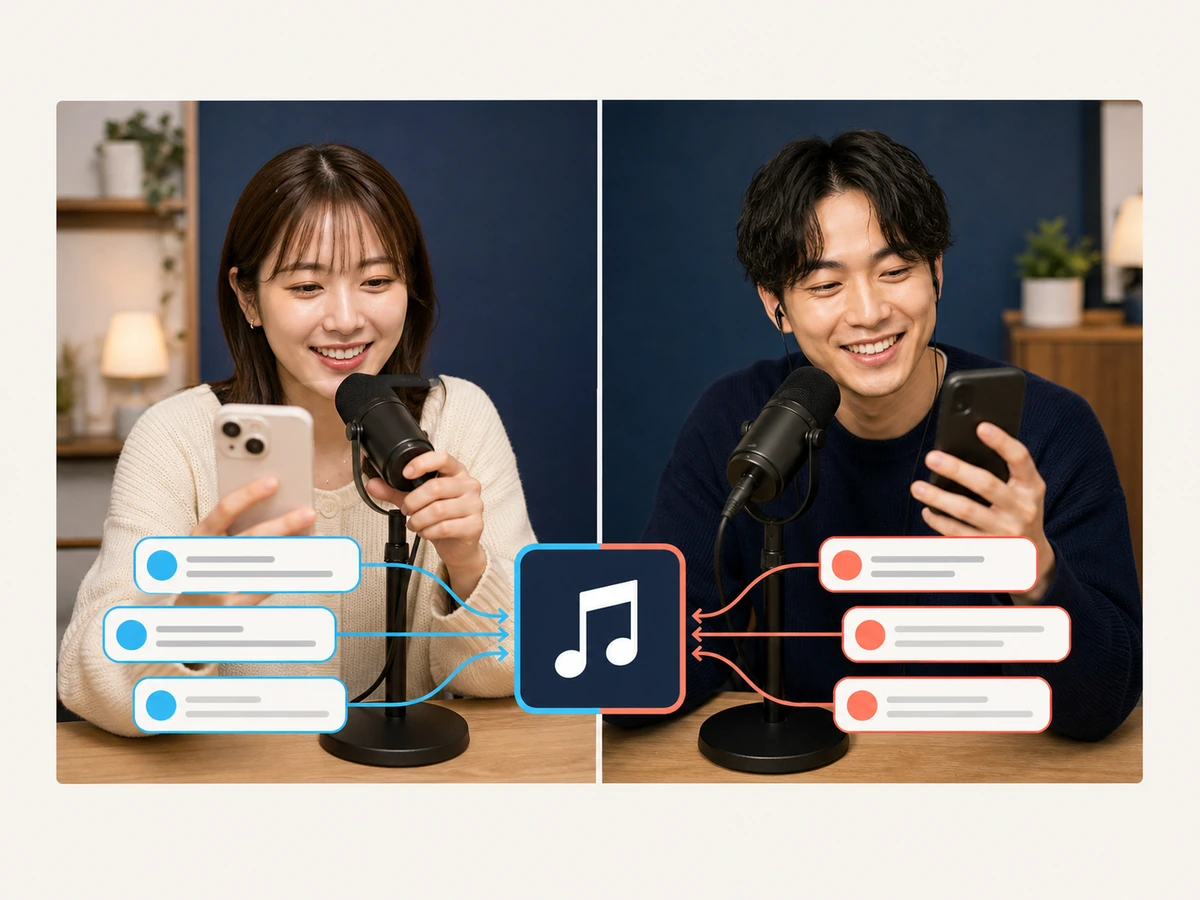 二人の配信者が歌の話をしながら双方のスマートフォンに届いた視聴者コメントへ話題を戻している