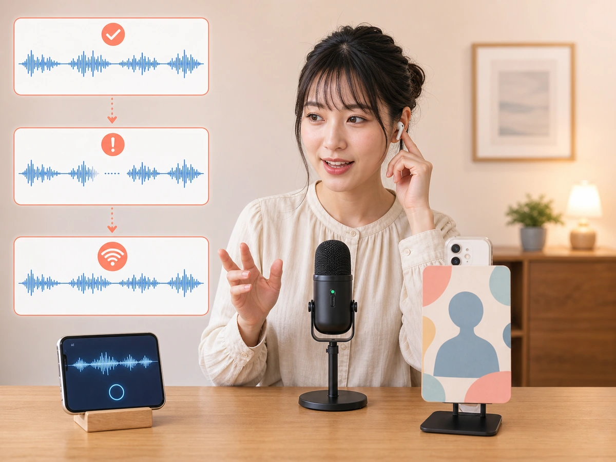 音声配信を視聴側の端末で聞き、音の途切れを確かめる人