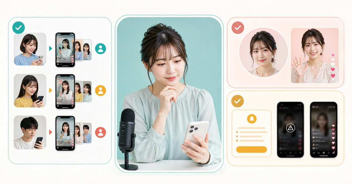配信者がおすすめ候補の違い、カバー画像、通知の三点を確認している