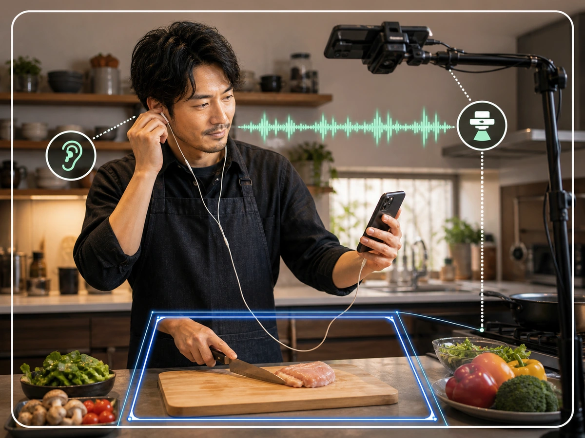 別端末で声の途切れと料理の手元画角を確認する配信者