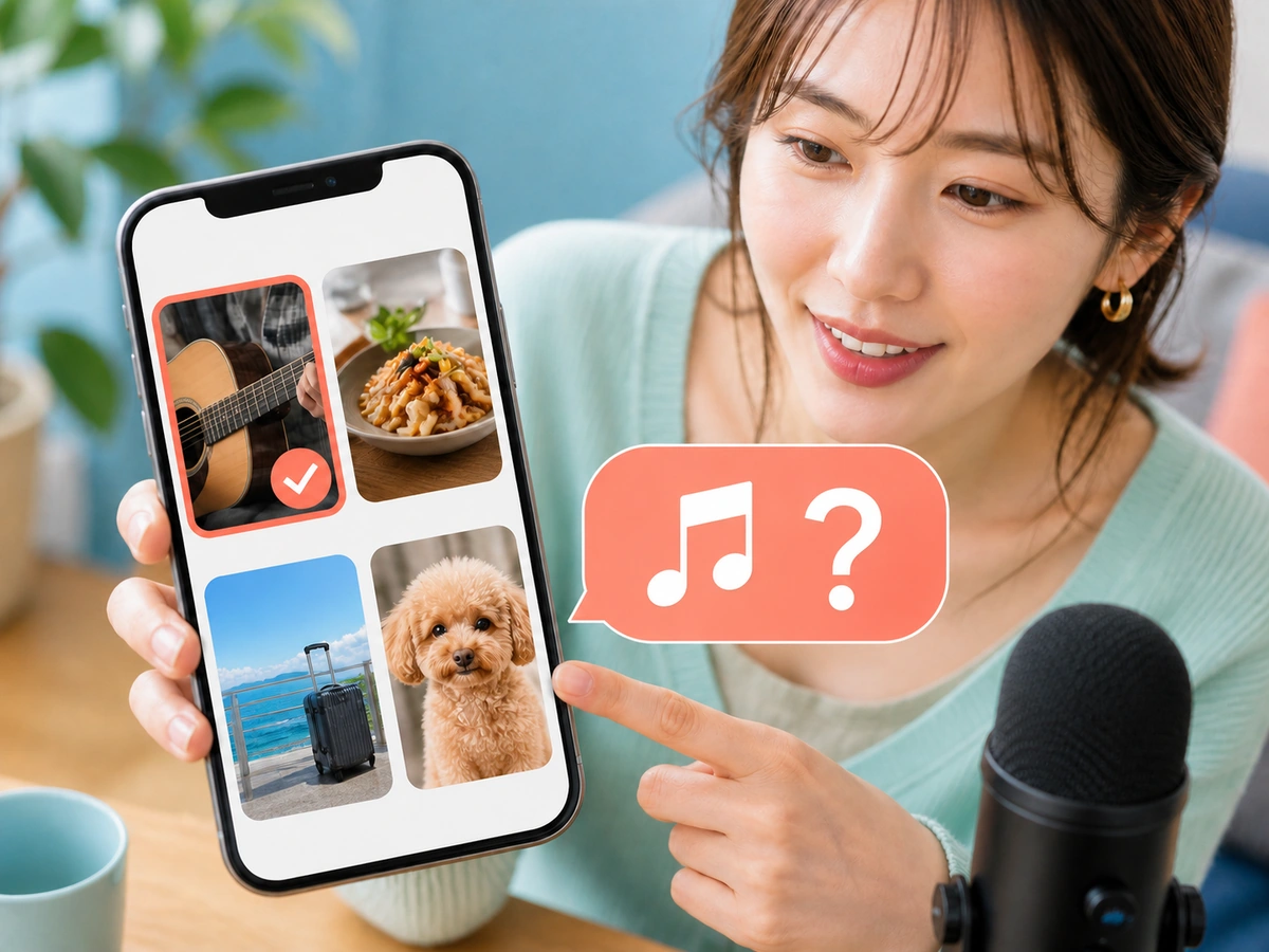 公開プロフィールにある音楽、料理、旅行、犬の候補から一つの話題を選ぶ配信者