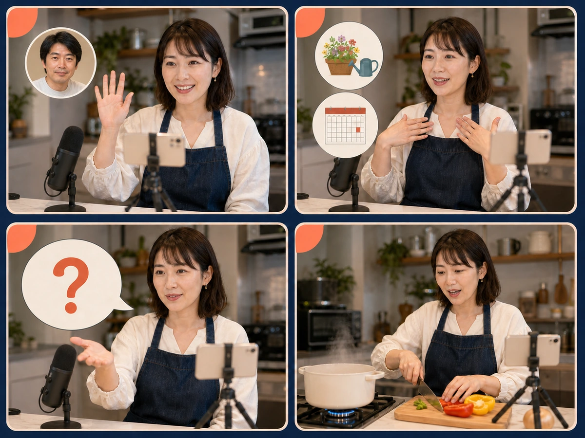 入室者へ自己紹介と一問を伝えた後に料理の作業を続ける配信者