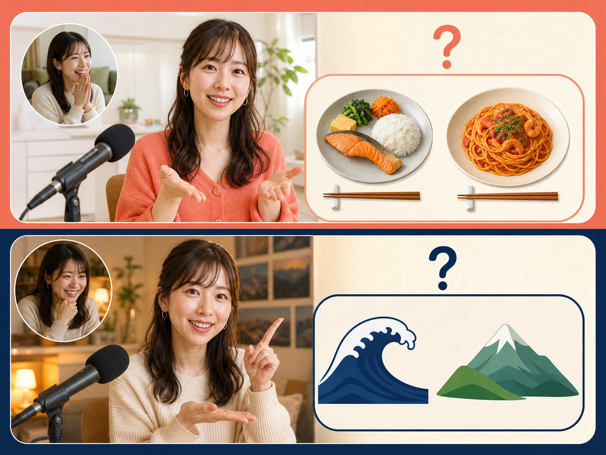 昼食の質問と海か山かの二択を一つずつ視聴者へ尋ねる配信者