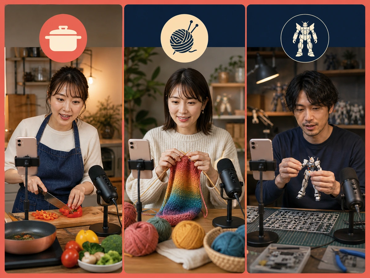 料理、編み物、プラモデルの作業を画面に映しながら説明する三人の配信者