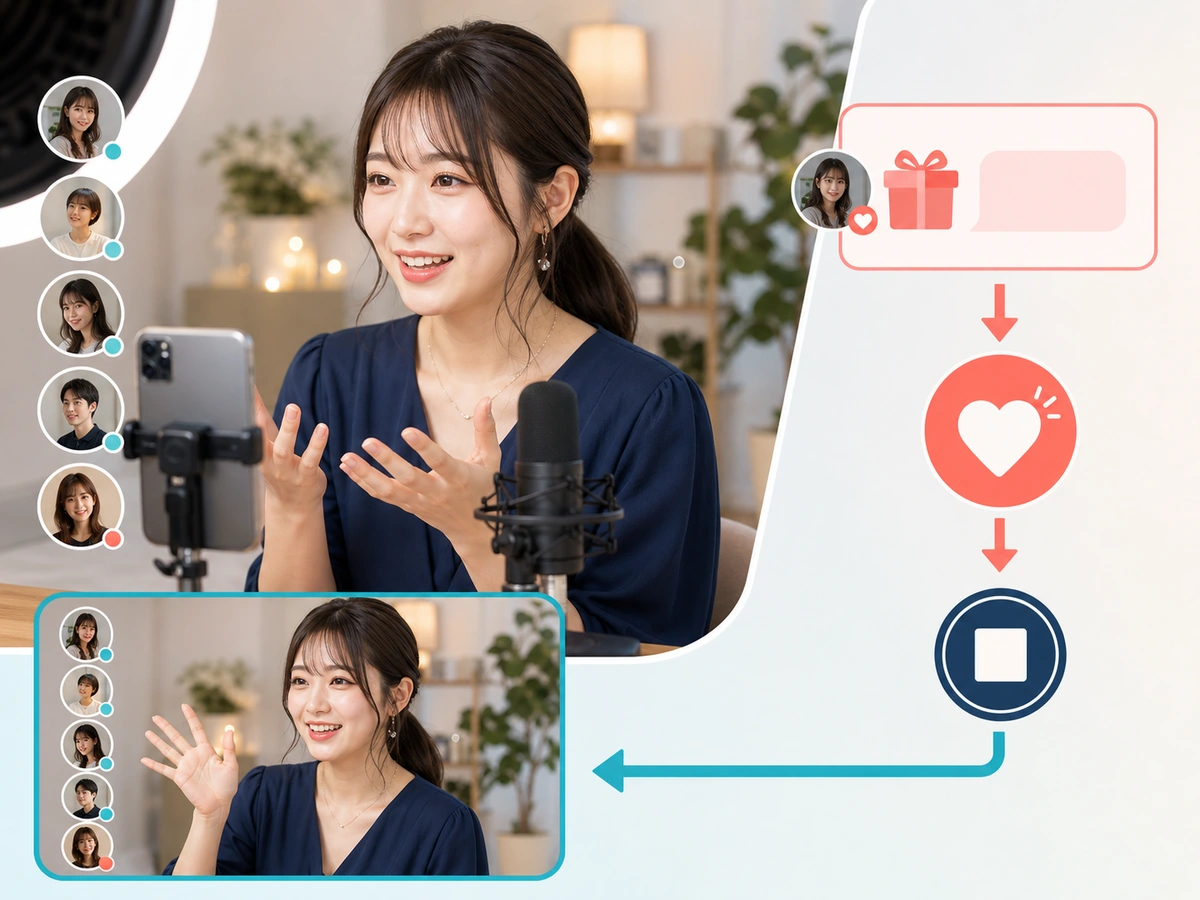 公開配信の会話と短い個別のお礼を分ける女性配信者