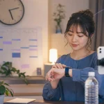 時計を見ながら配信時間を決める女性配信者