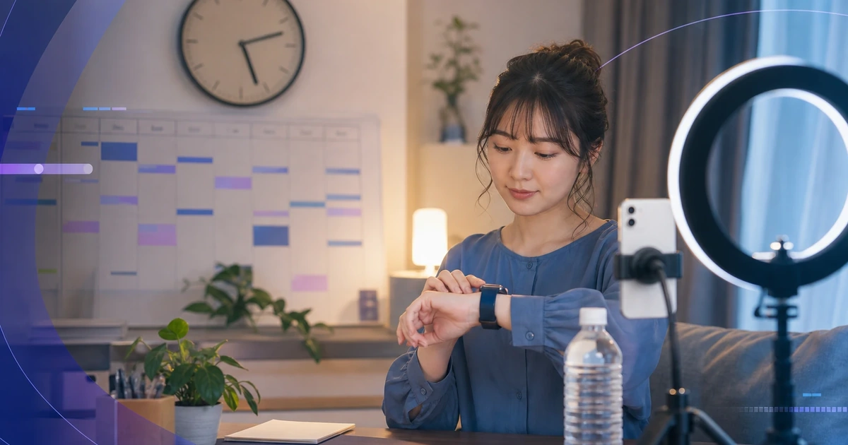 時計を見ながら配信時間を決める女性配信者