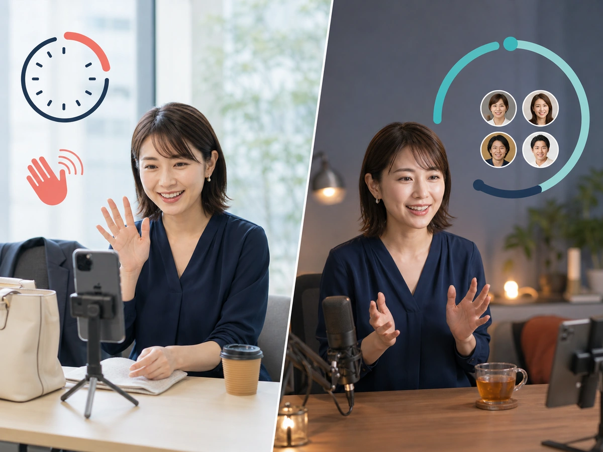 仕事の合間の短い配信と自宅での1〜2時間配信を分ける女性配信者