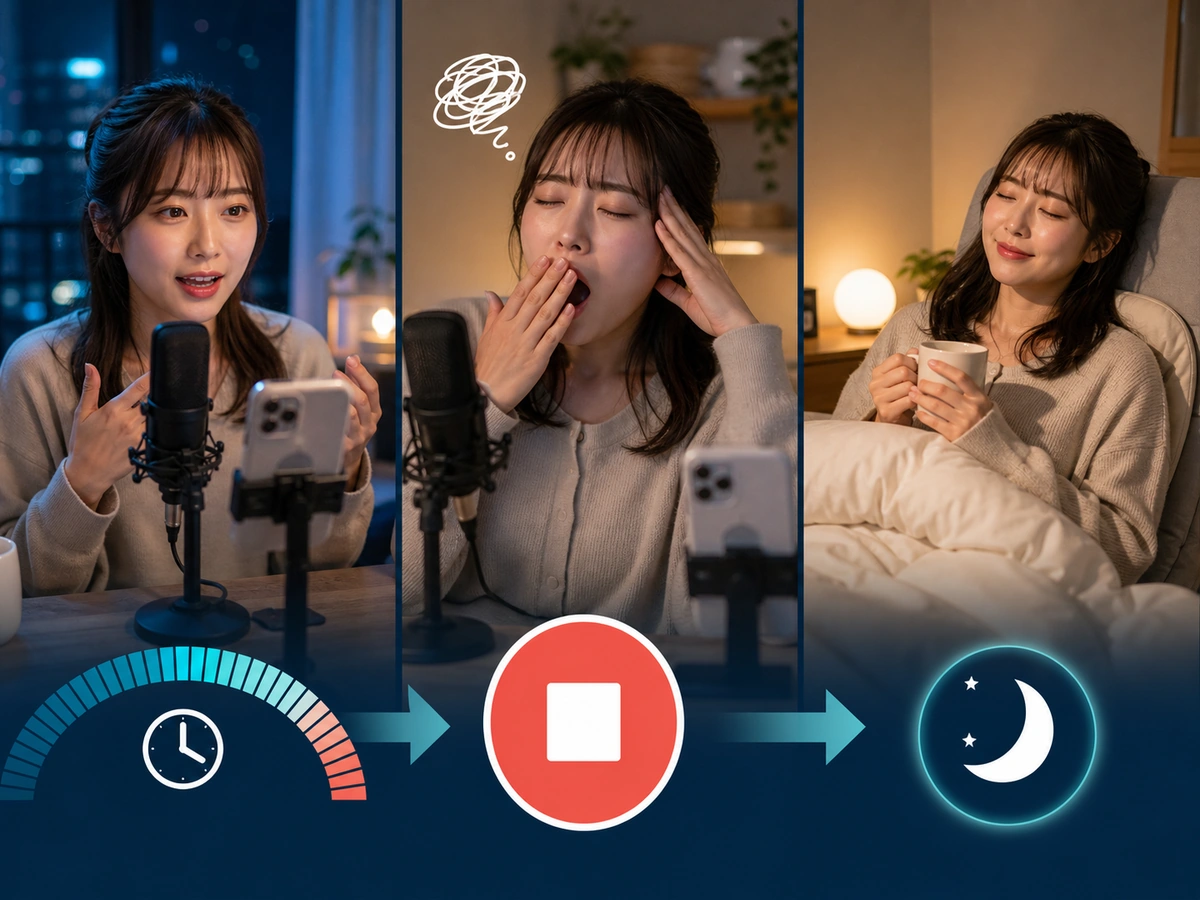 3時間配信の終盤で眠気を感じ配信を終了して休む女性配信者