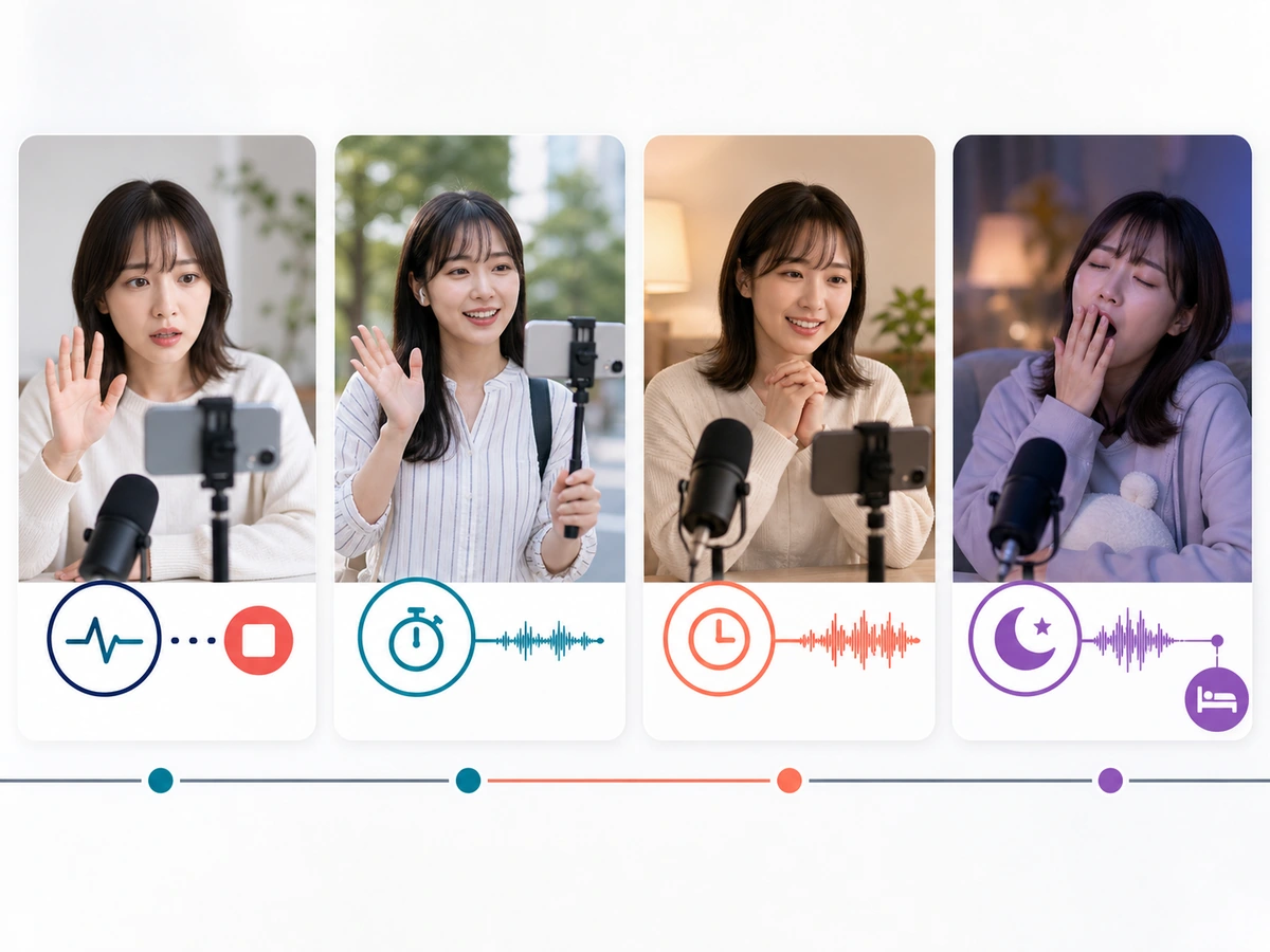 3秒・30分・1〜2時間・3時間の配信例を見ながら予定を決める女性配信者
