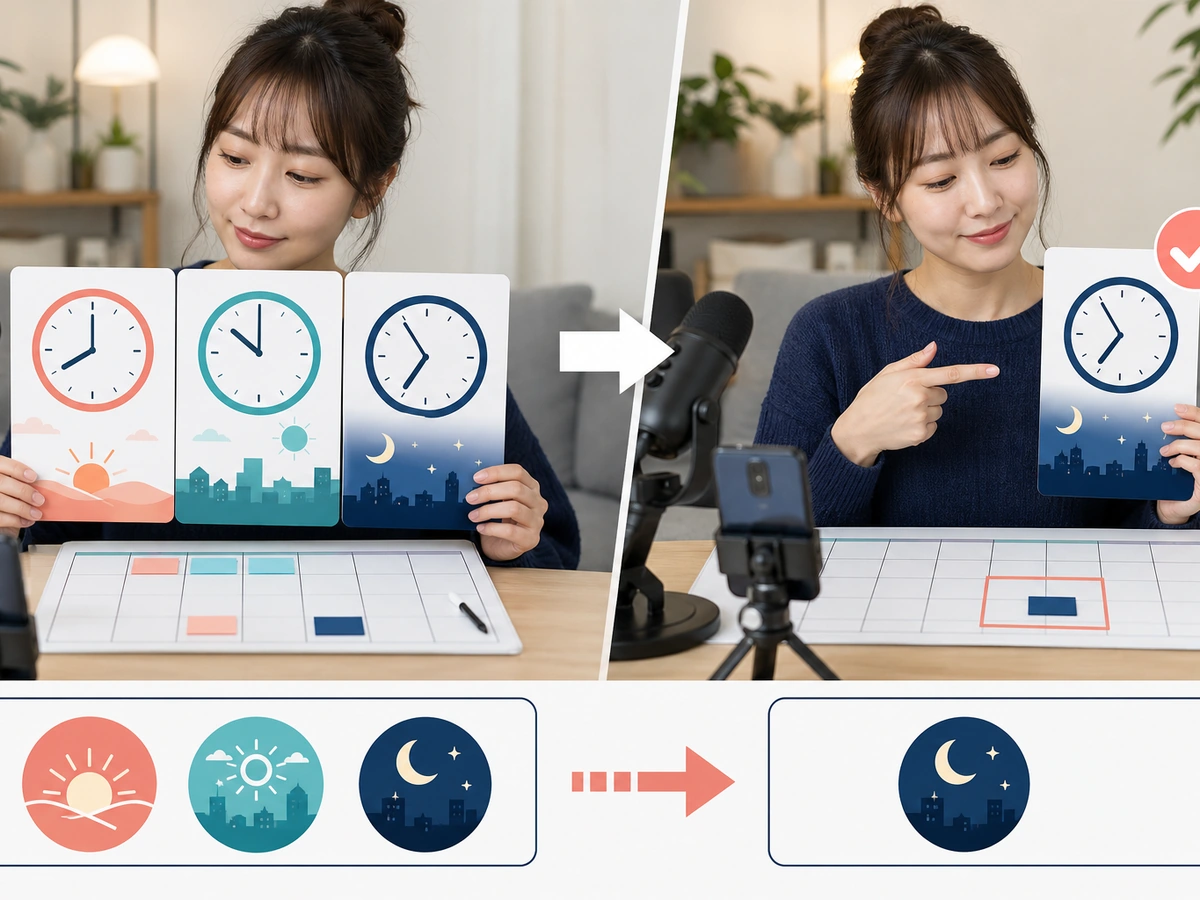 複数の時間を試した後に一つの固定配信時間を選ぶ女性配信者