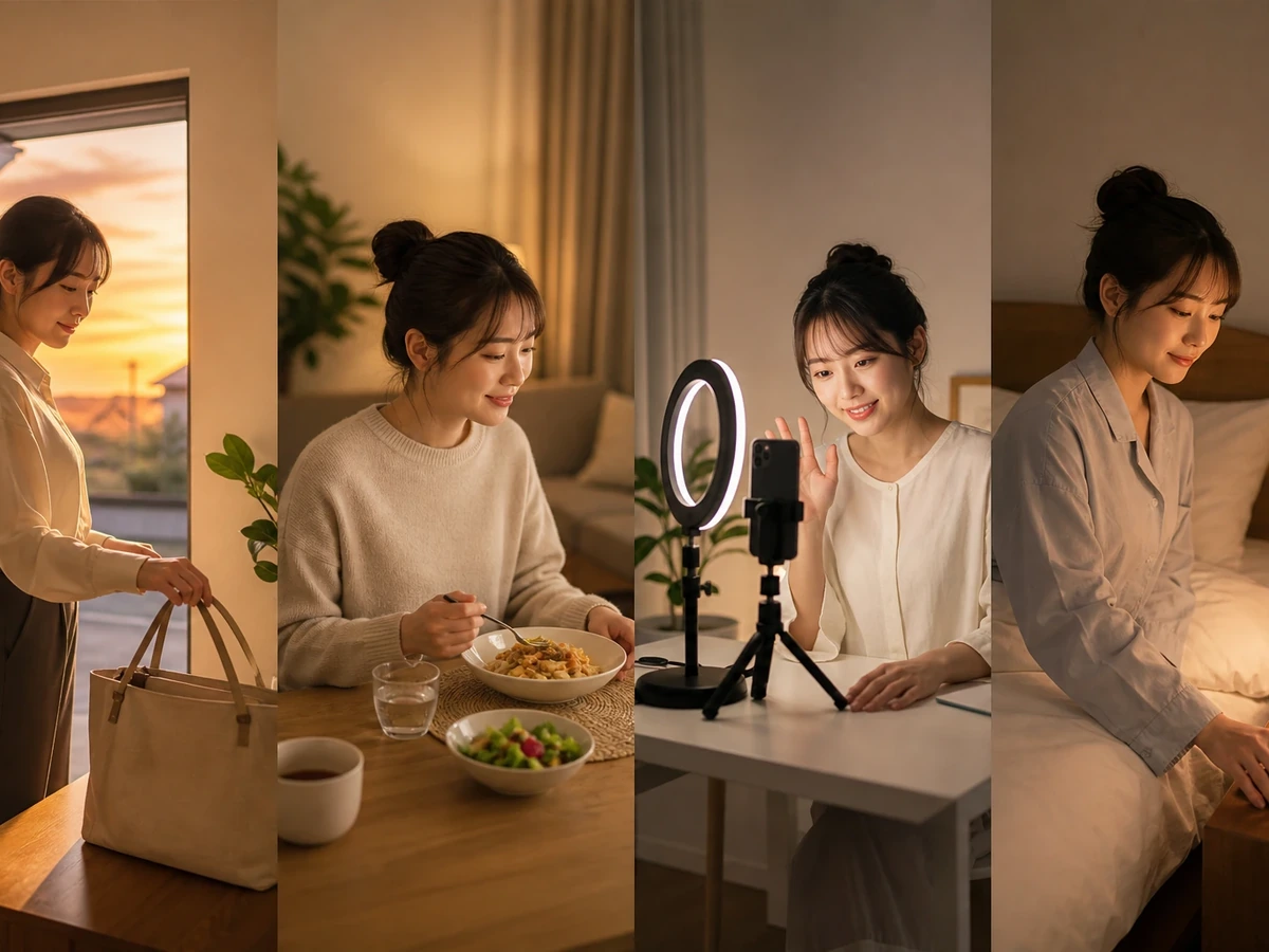 帰宅、食事、配信、就寝へ進む女性の夜