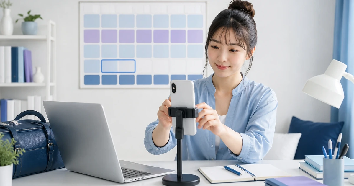 仕事や学校の予定と配信を自宅で組み合わせる女性