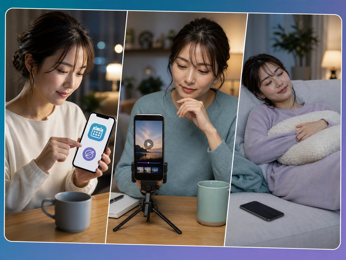 予定告知、動画投稿、休息のうちその日にできることを選ぶ女性