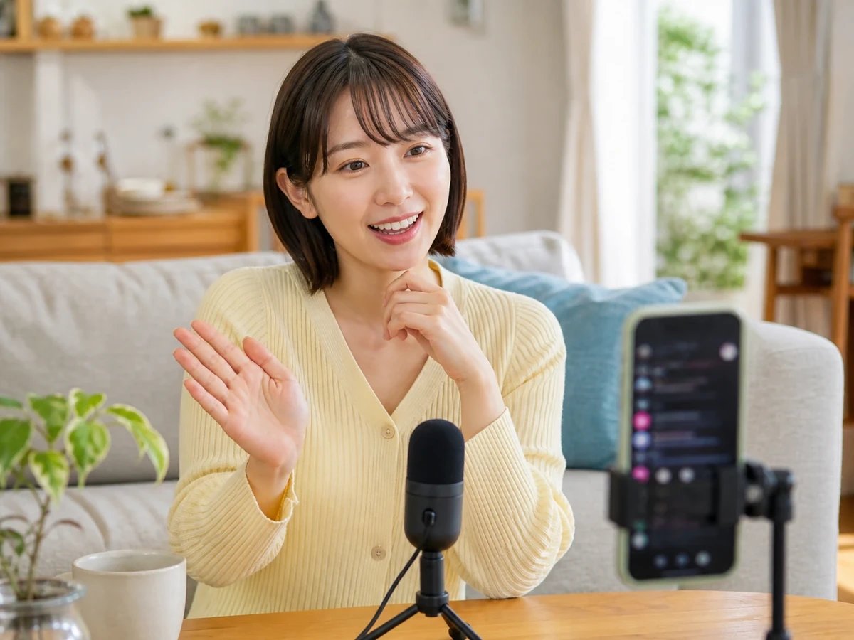 配信再開前に二つの質問と自己紹介を用意する女性