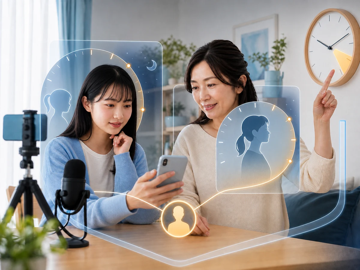 配信前に年齢と時間の条件をスマートフォンで確認する若い女性