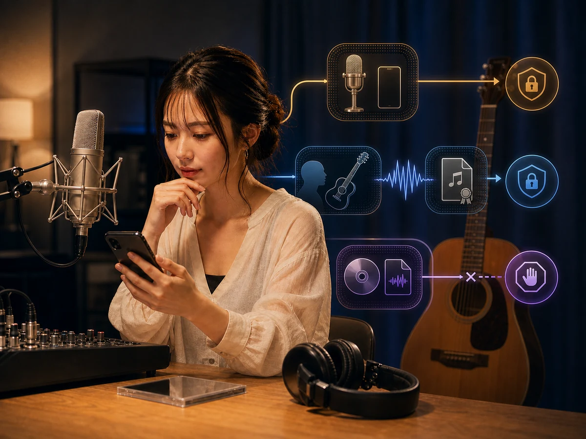 配信前にマイクと楽曲の利用条件を確認する女性ライバー