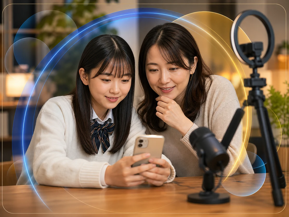 親権者と一緒に21LIVEの年齢条件を確認する若い利用者