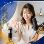 青と金の編集デザインに囲まれて21LIVEを配信する女性