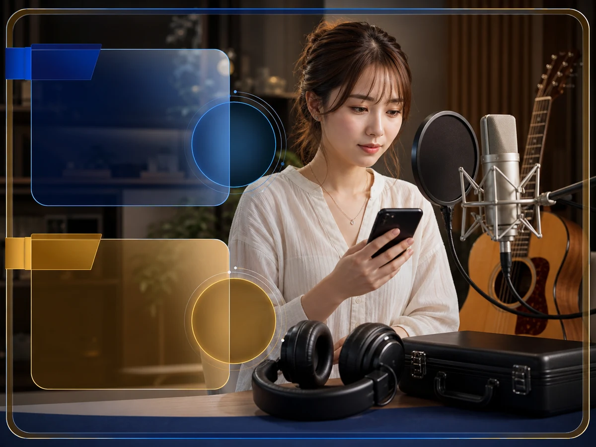 21LIVEの歌配信前に楽曲と音源の条件を確認する女性