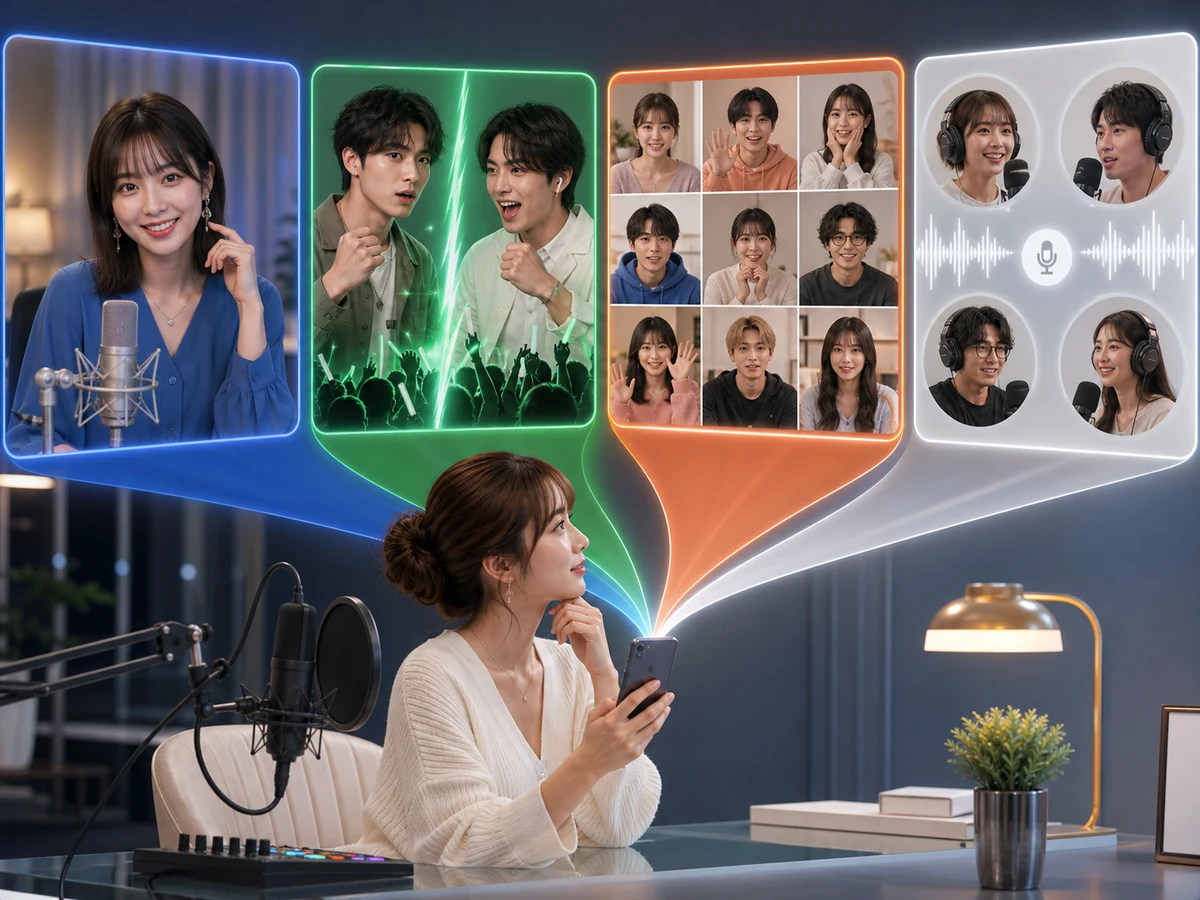 1人配信、PK、マルチビーム、音声チャットへ分かれるLiveMeの配信形式