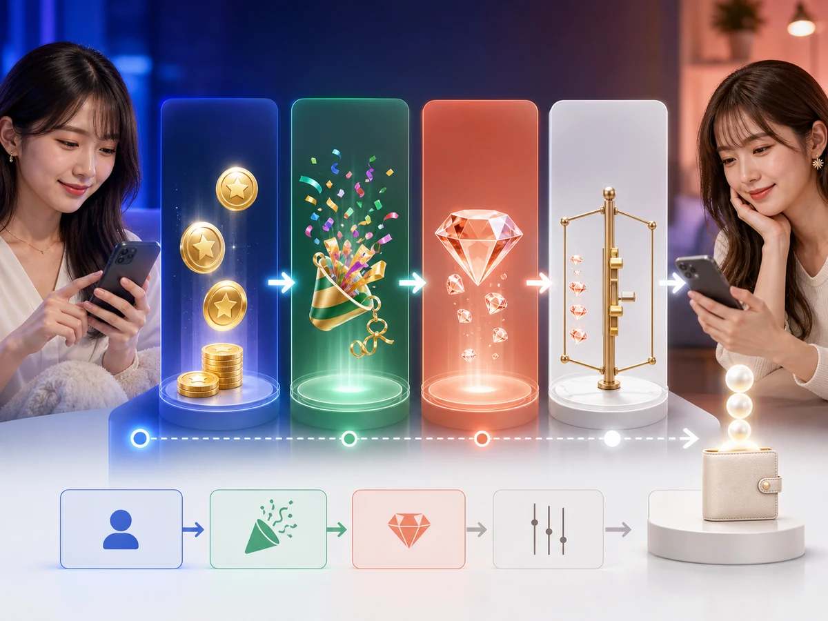 視聴者のCoinsからGiftsを経て配信者のDiamondsへ変わる流れ