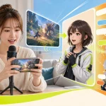 スマホゲーム画面と声に反応するアバターで視聴者へ配信する女性