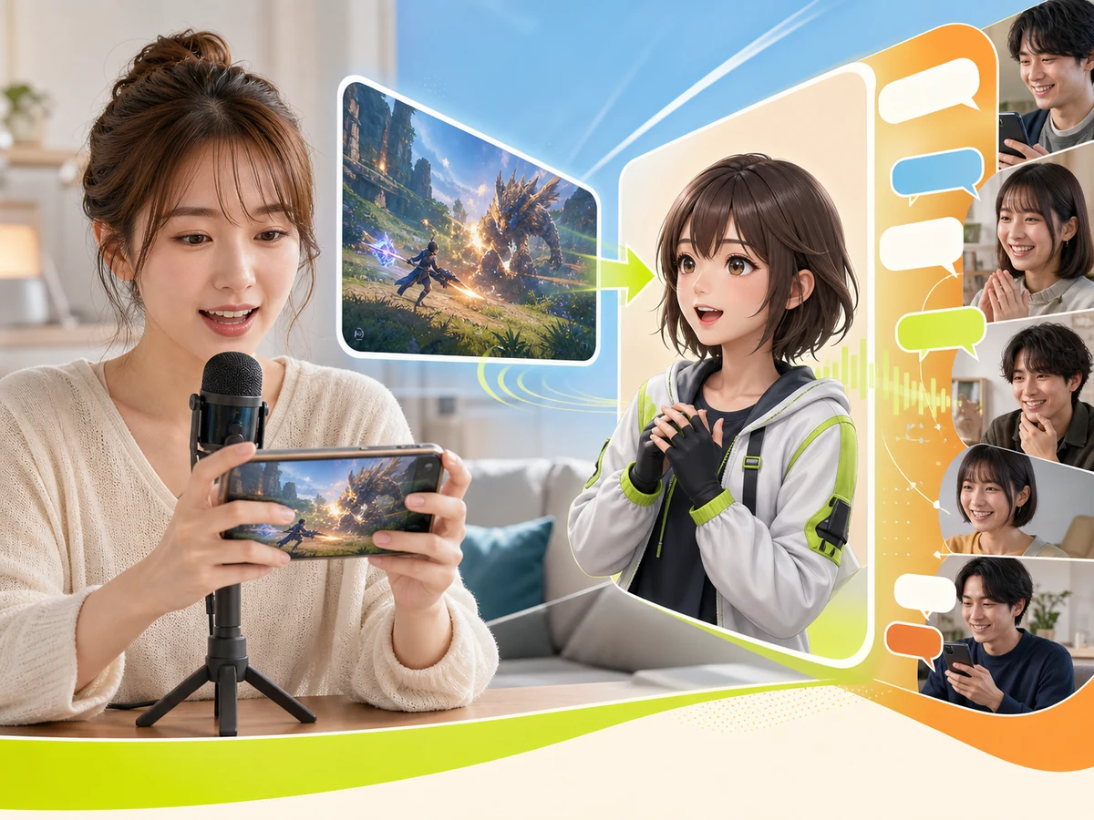 スマホゲーム画面と声に反応するアバターで視聴者へ配信する女性