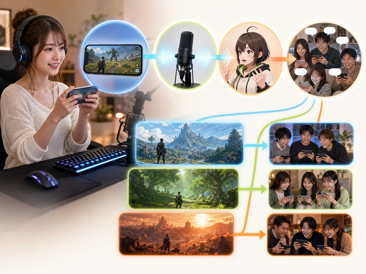 スマホゲーム画面、エモモ、コメントが一つの配信につながるMirrativの仕組み