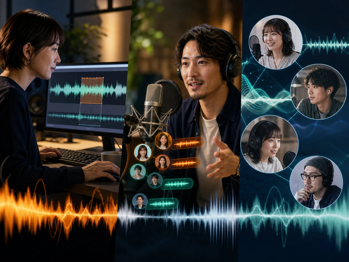 収録編集、ライブ交流、複数人コラボを別の制作場面で比べる音声配信者