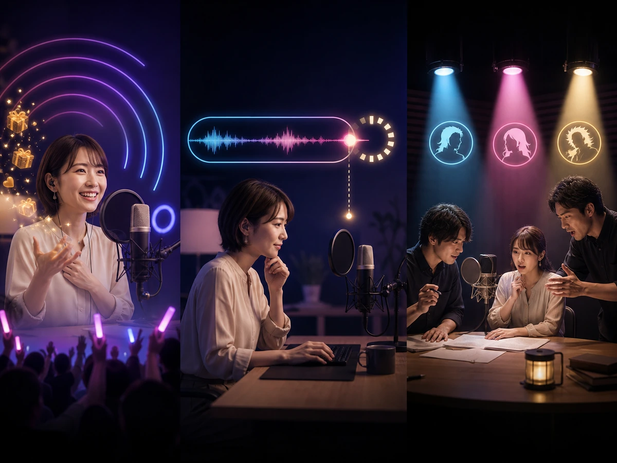 音声ライブ、5分の音声投稿、複数人の声劇を別の場面で比べる配信者