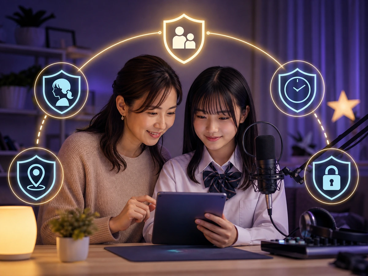 保護者と利用条件、プロフィール、配信時刻、個人情報を確認する未成年の音声配信者