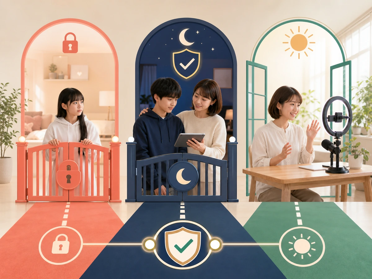 15歳以下の利用制限、16歳と17歳の夜間配信制限、保護者同意を示す家族