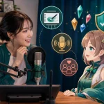 イラスト配信、ラジオ配信、視聴者、権利保護を示す日本人配信者とキャラクター