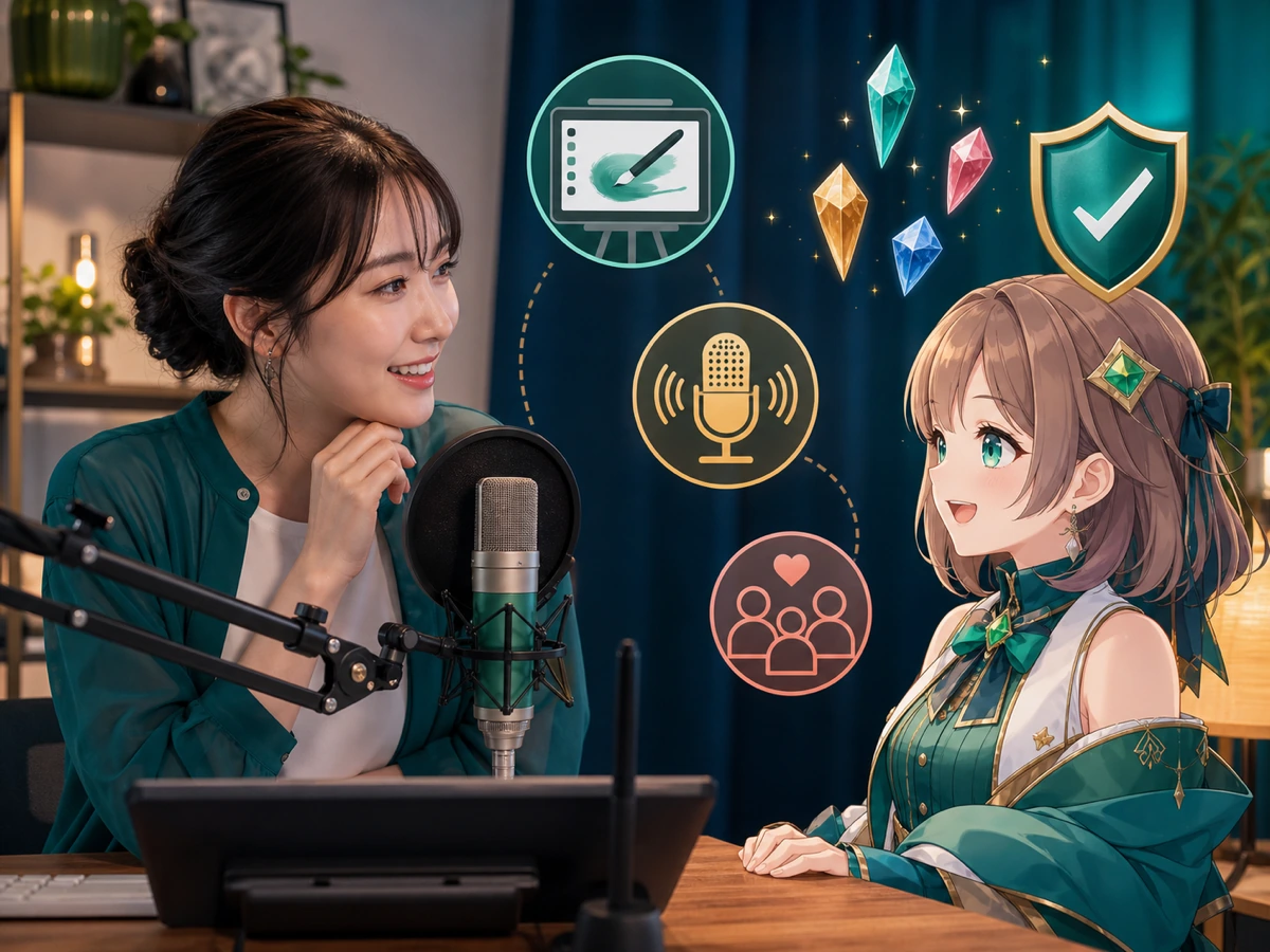イラスト配信、ラジオ配信、視聴者、権利保護を示す日本人配信者とキャラクター