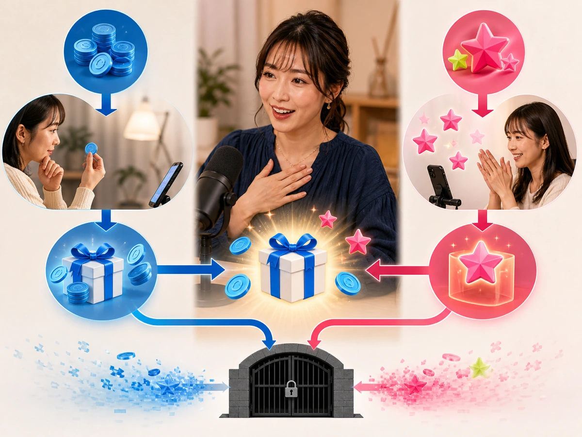 リスナーがコインでギフトを送り、配信参加によるスターと分けて管理する音声配信者