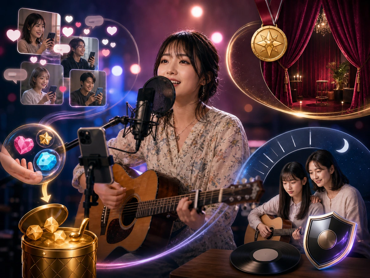 音楽配信、ファンの応援、限定配信、ゴールド、未成年者と楽曲権利を示すMuchU LIVEの全体像