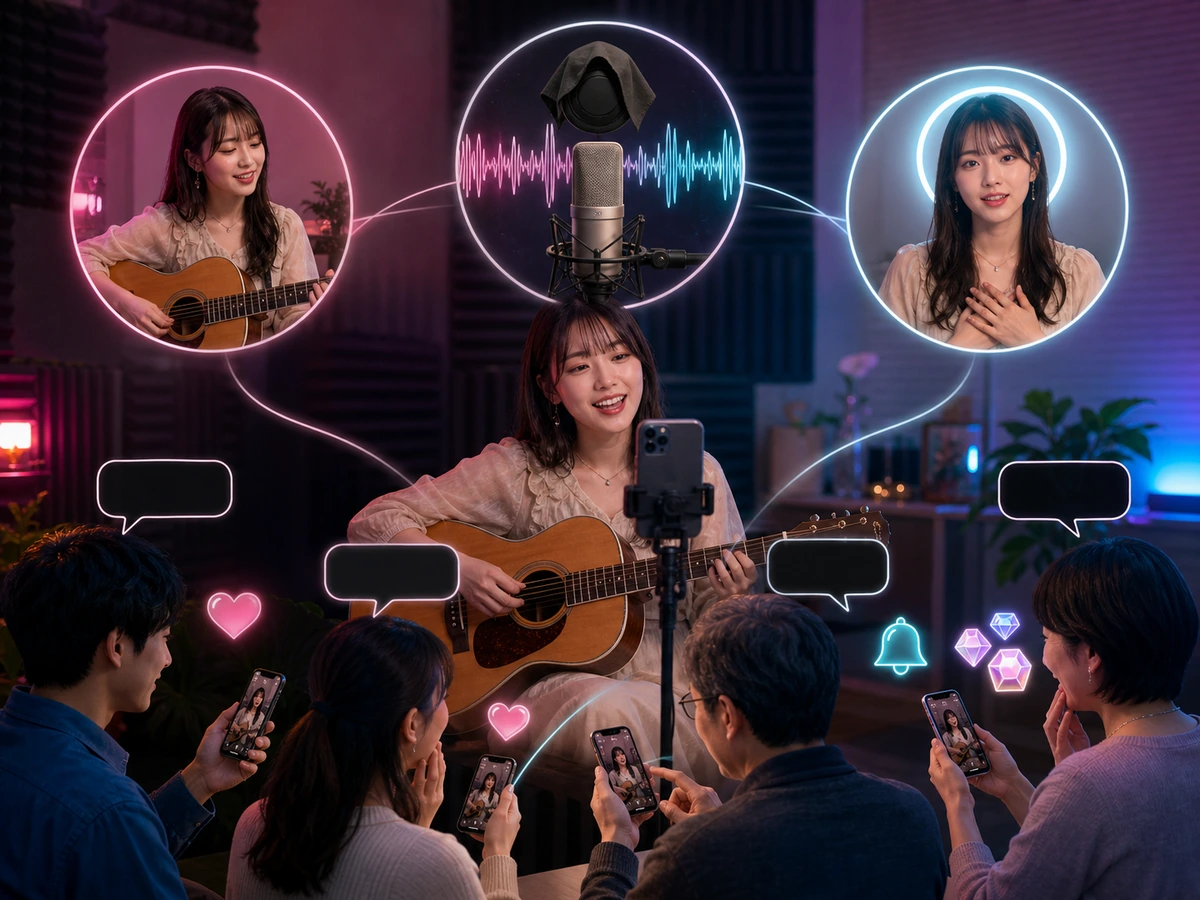 歌、弾き語り、ラジオ風トークをスマートフォンから配信し、視聴者がコメント、いいね、フォロー、ギフトで応援する様子