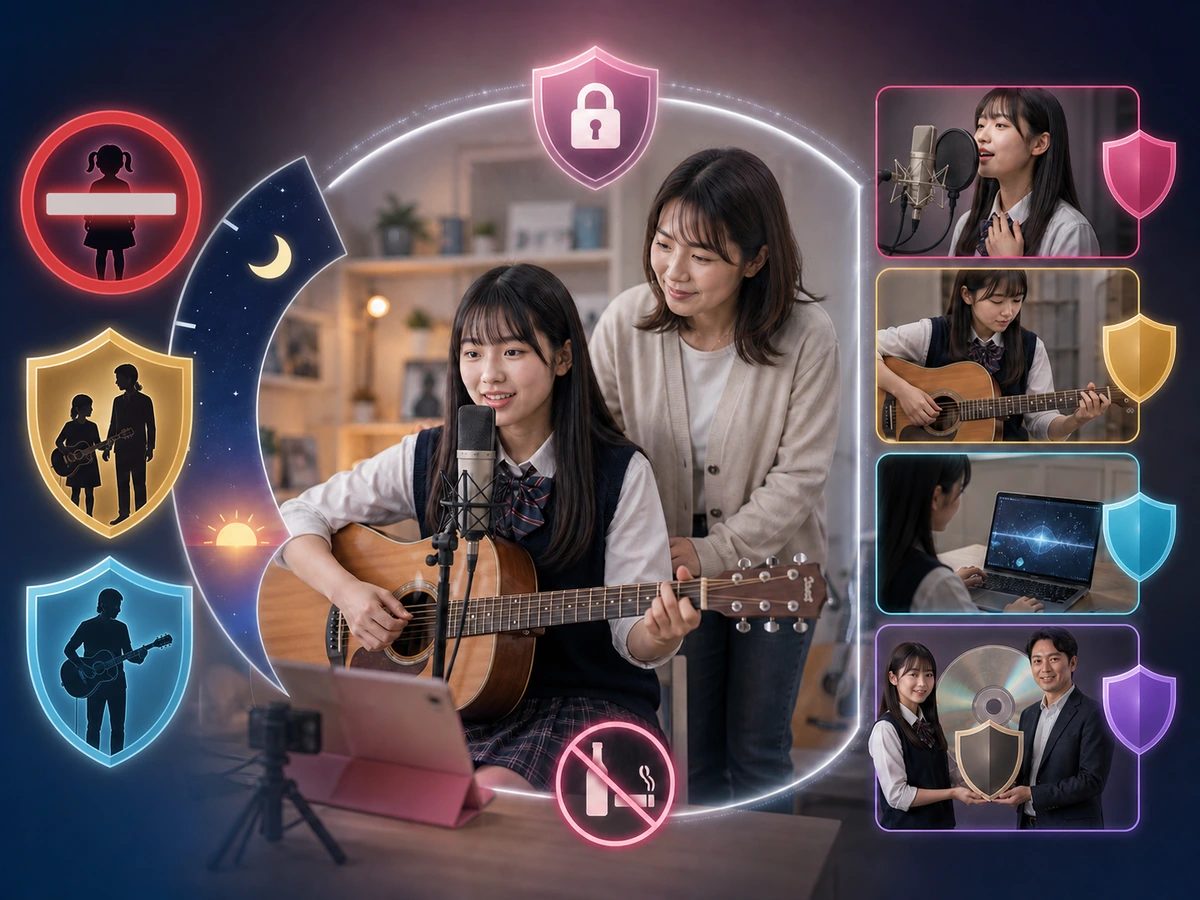 年齢と配信時間の条件を確認し、歌、弾き語り、自作音源と許諾済みBGMを分けて準備する音楽配信者
