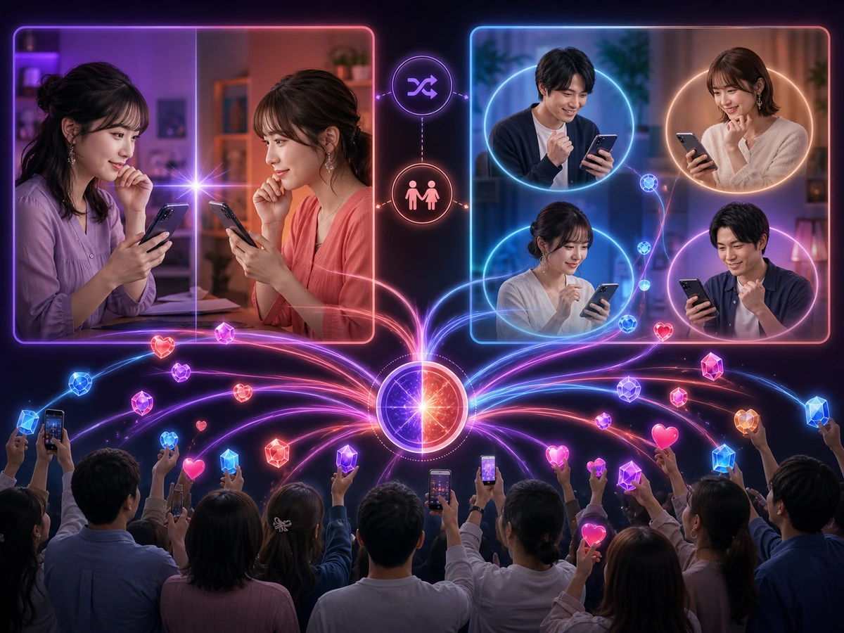 二人の配信者による1対1と複数配信者によるマルチバトルを視聴者がギフトで応援する様子