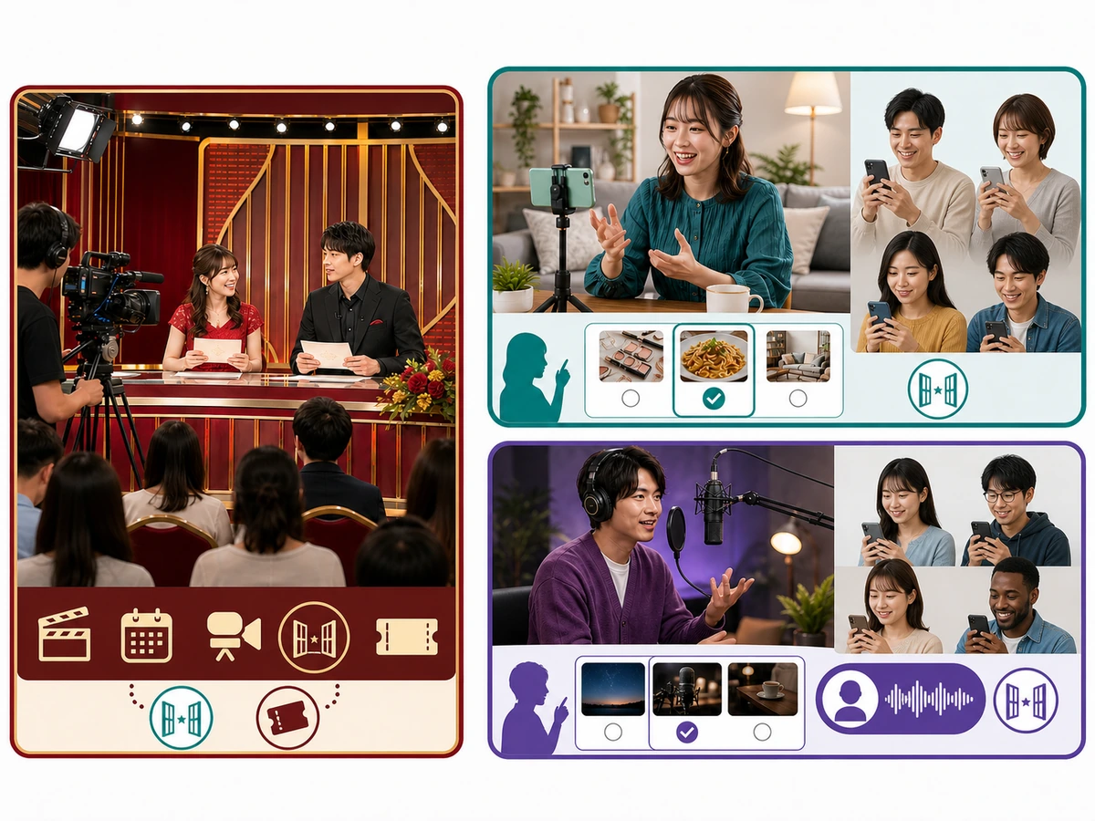 スタジオで台本に沿う公式配信と自宅から行う自由なライブ・ラジオ配信を見比べる様子