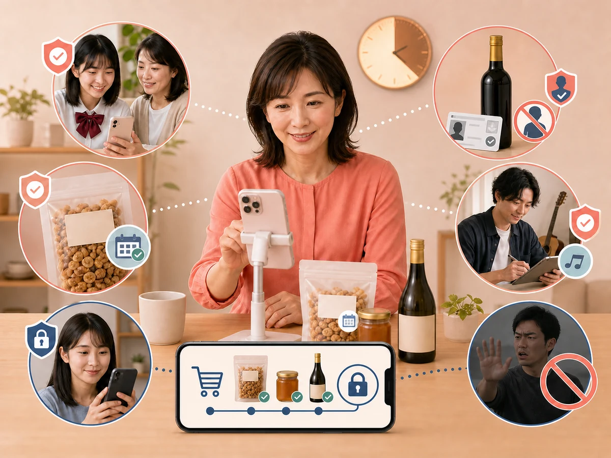 成人と未成年の販売者が保護者同意、配信時刻、食品期限、酒類免許、音楽権利、個人情報保護を確認する様子