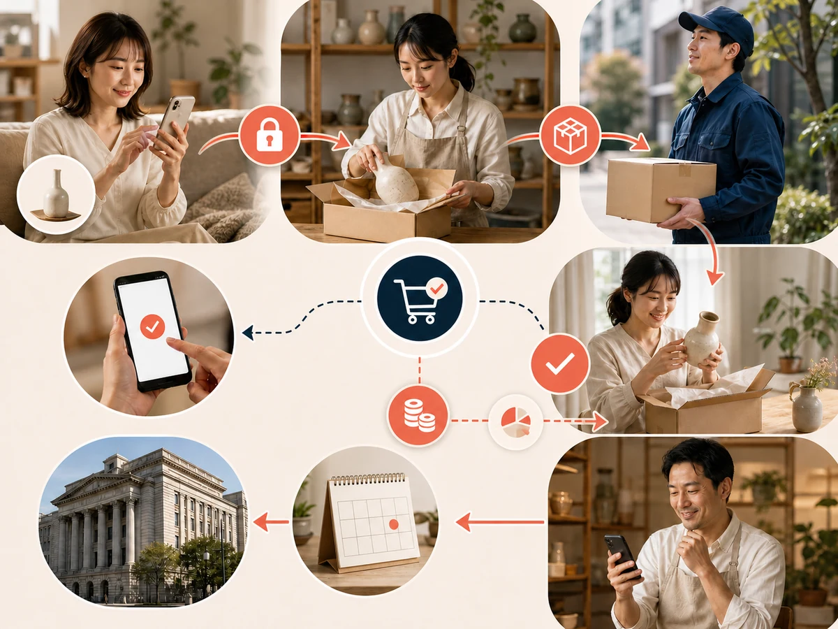 購入者の支払いから販売者の発送、受取確認、手数料差引後の銀行振込までを人の動きで示す流れ