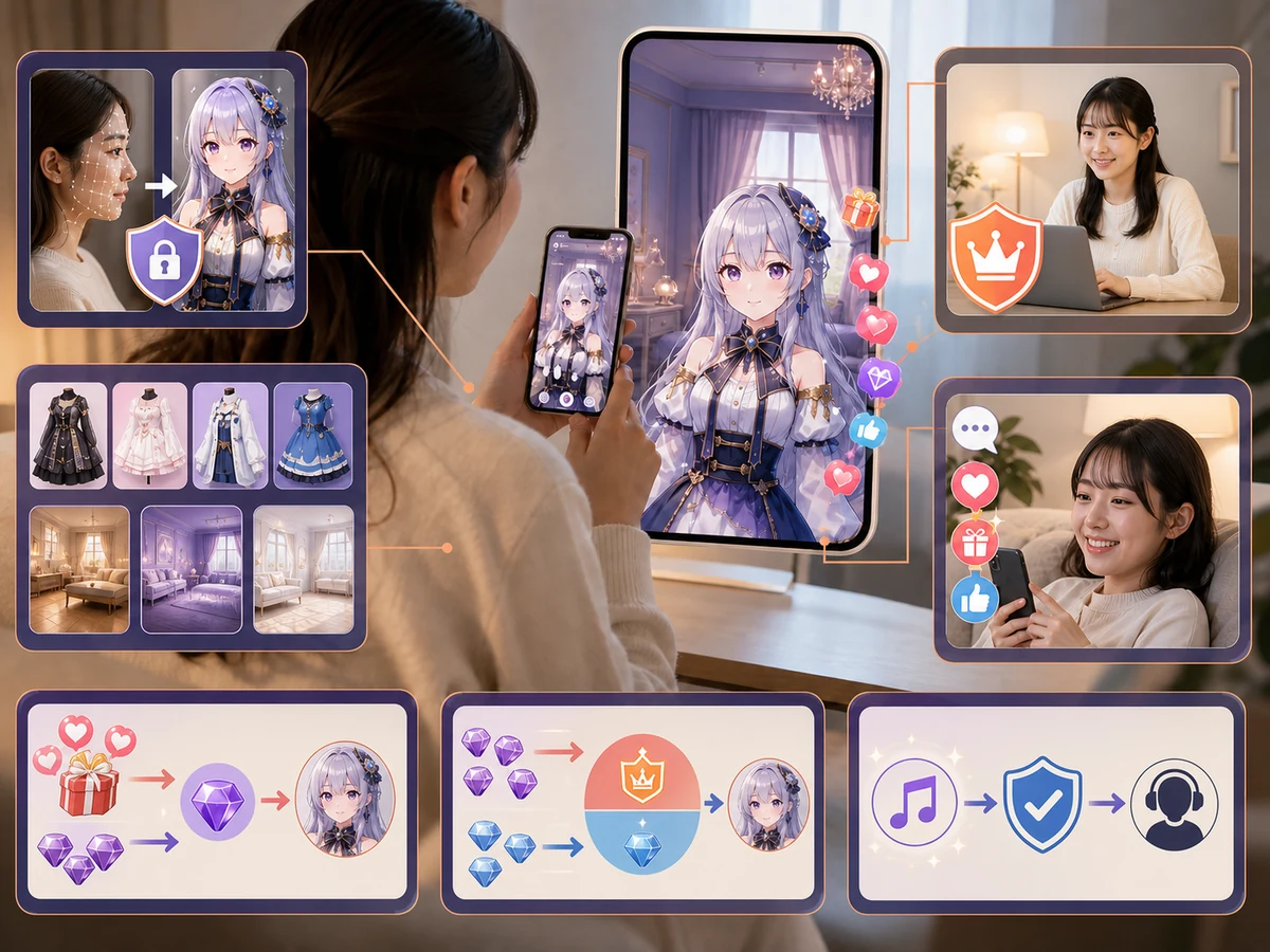 顔を映さない表情認識、アバター編集、配信管理、応援、報酬、音楽権利を示すMetatomoの全体像
