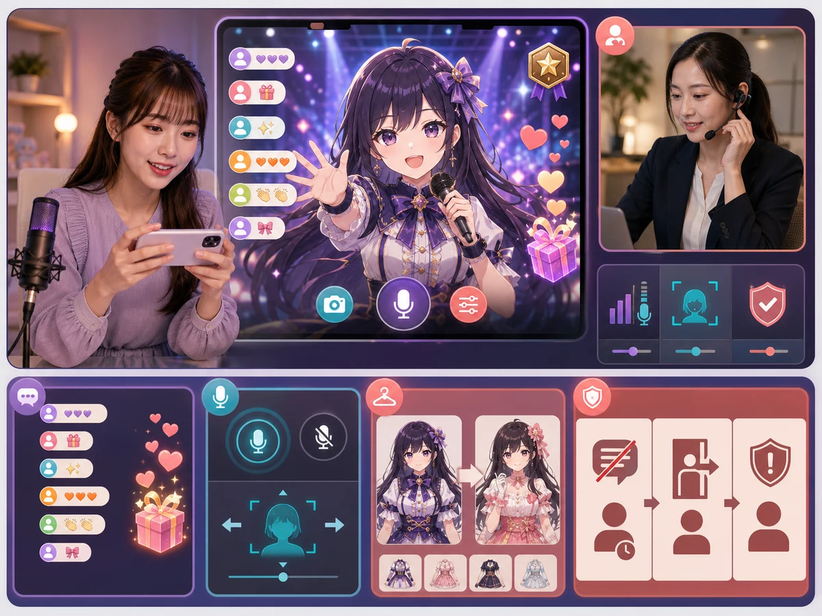 成人のVライバーが参加者・プレゼント・いいね・チャットを見ながら、信頼するマネージャーとミュート・ブロック・通報を使い分ける様子