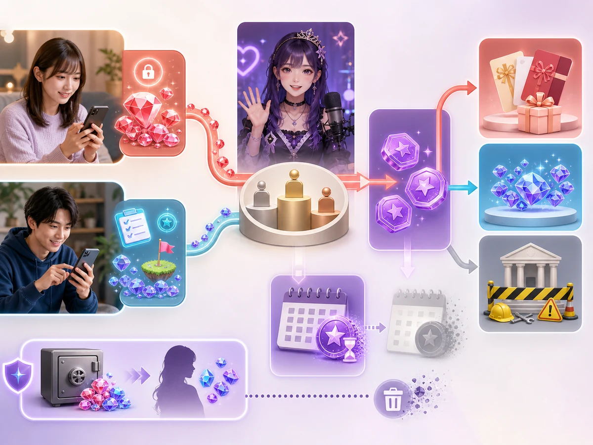 視聴者の有料・無料ルビーのプレゼントからランキングとLive Pointが分かれ、ギフトコード・無料ルビーへ進み、口座振込は準備中と分かる様子