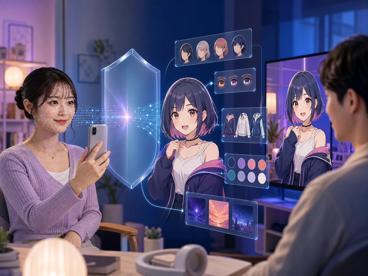 成人がiPhoneのフロントカメラで表情を読み取らせ、顔映像を公開せず2Dアバターの髪・服・背景を整える様子