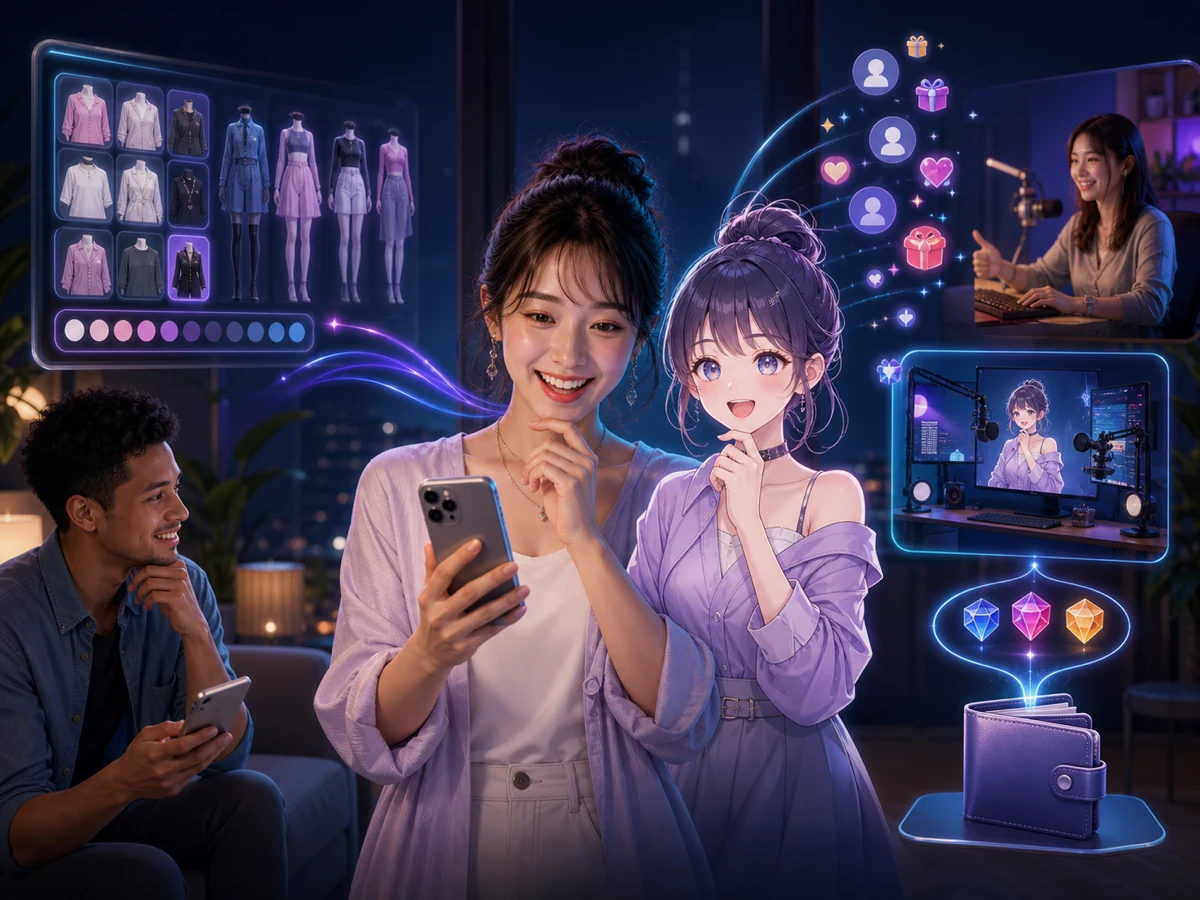 2Dアバター編集、顔を映さないライブ、視聴者の応援、OBS外部配信、報酬受取を示すAvvyの全体像