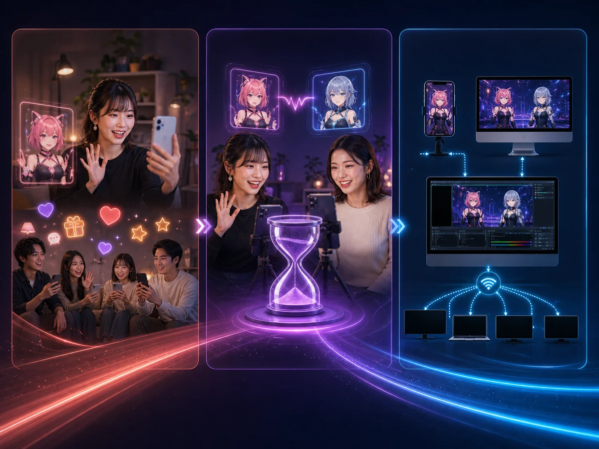成人のVライバーがAvvy内の単独ライブ、1人との時間制コラボ、同じネットワーク上のPCとOBSを使う外部配信を選ぶ様子