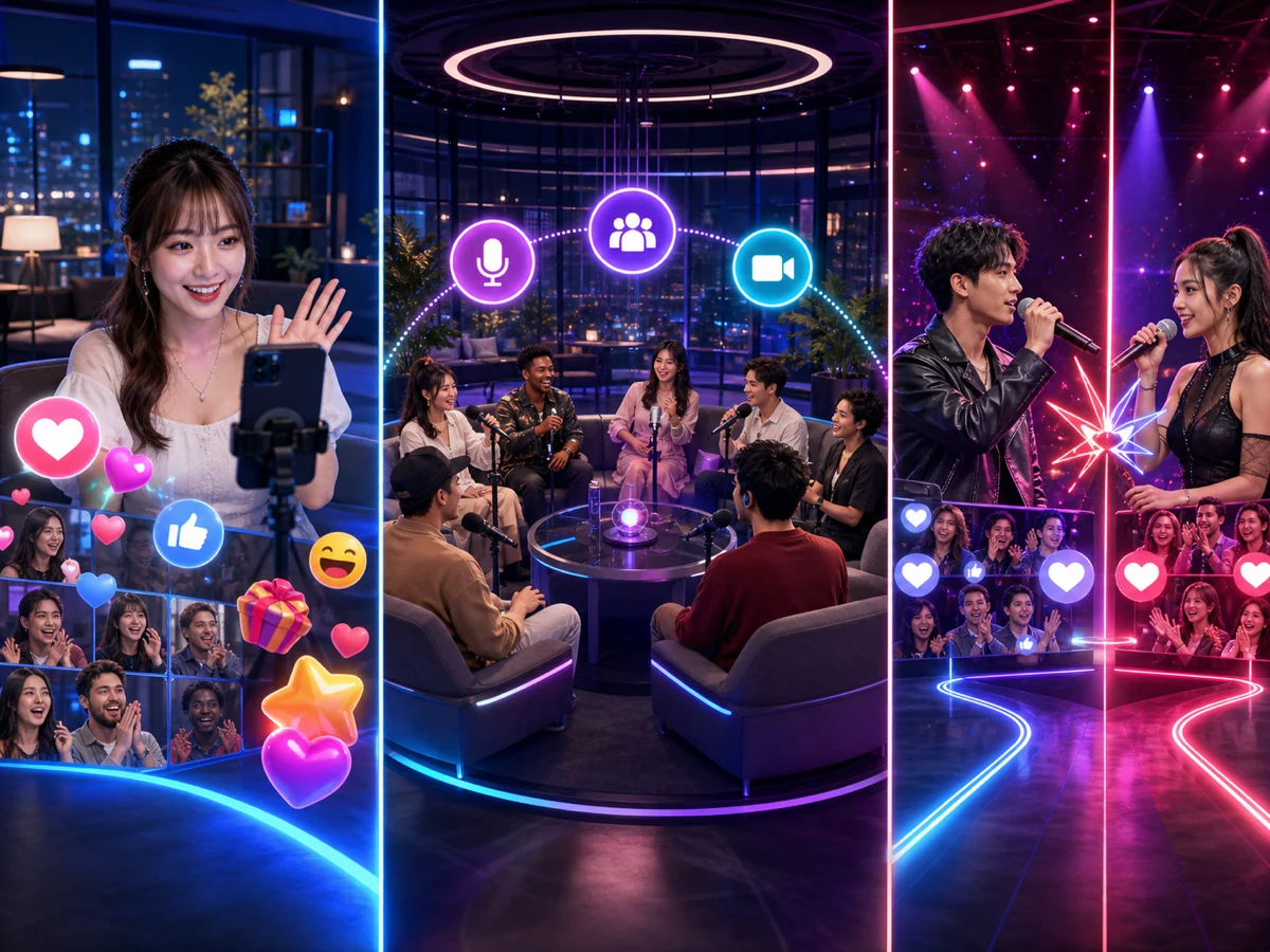 成人の配信者と視聴者が1人の映像ライブ、複数人の音声・ビデオParty、2組のPKを使い分ける様子